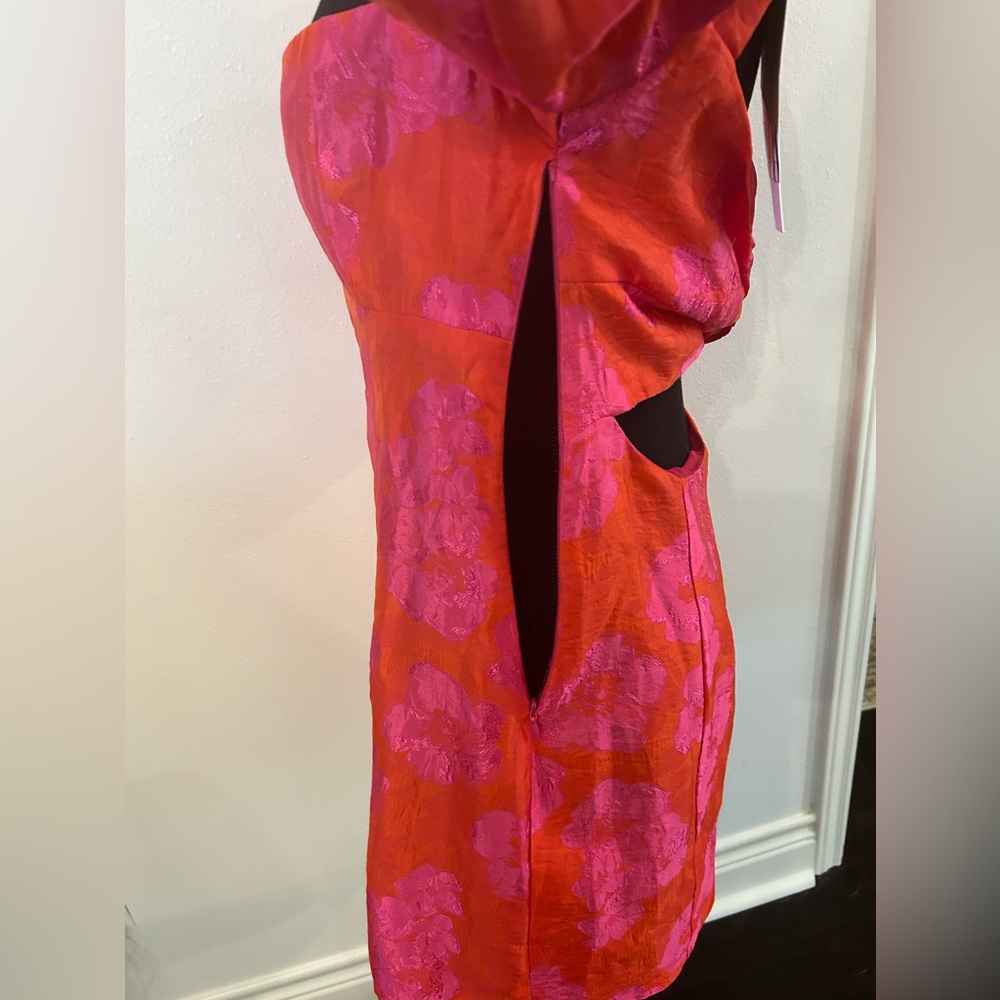 Zara Puff Sleeve Jacquard Fuchsia Floral Mini Dress Medium NWT - Picture 6 of 16